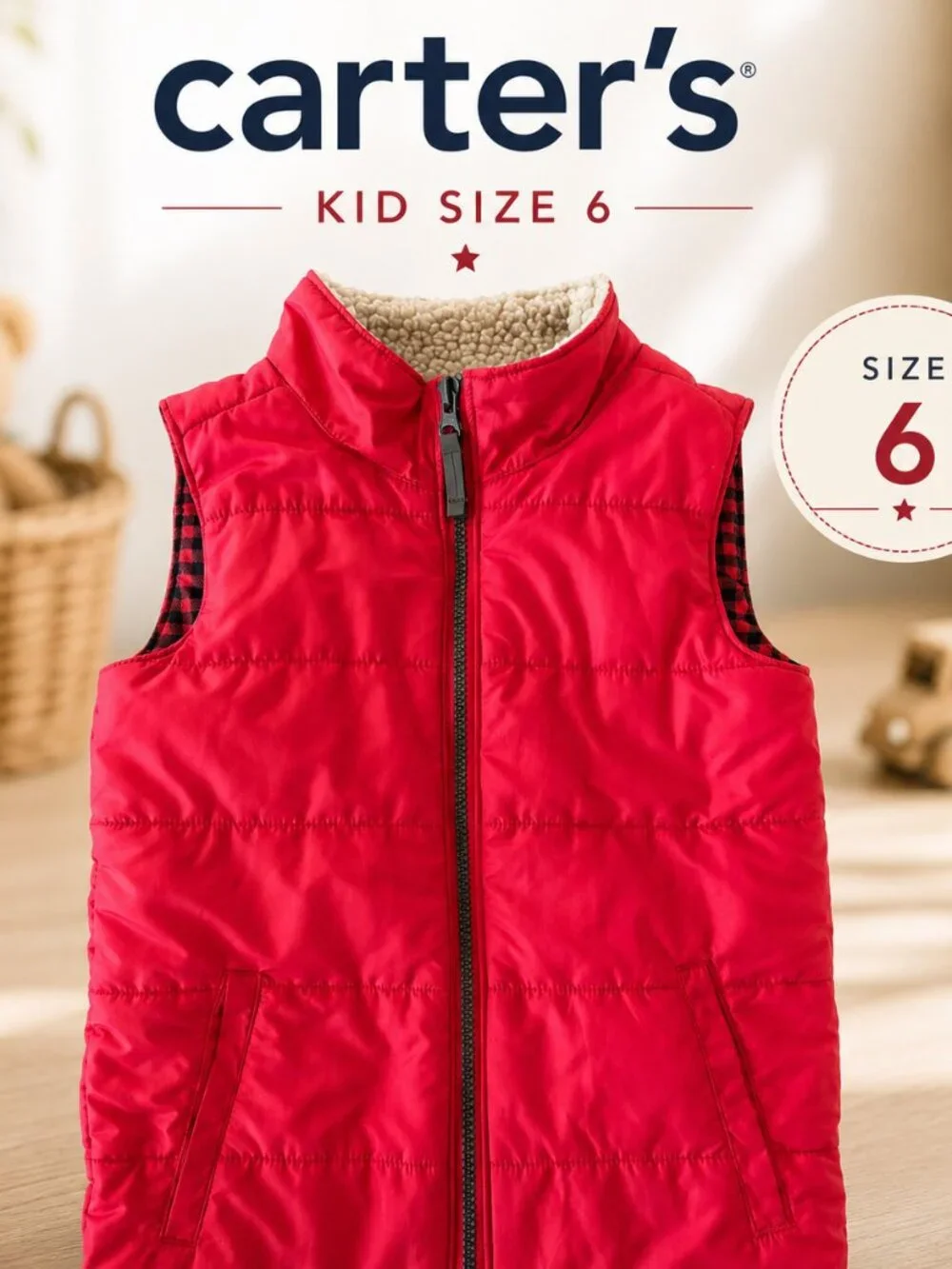Carter’s Kids Red Puffer Vest Size 6 Sherpa Lined Plaid